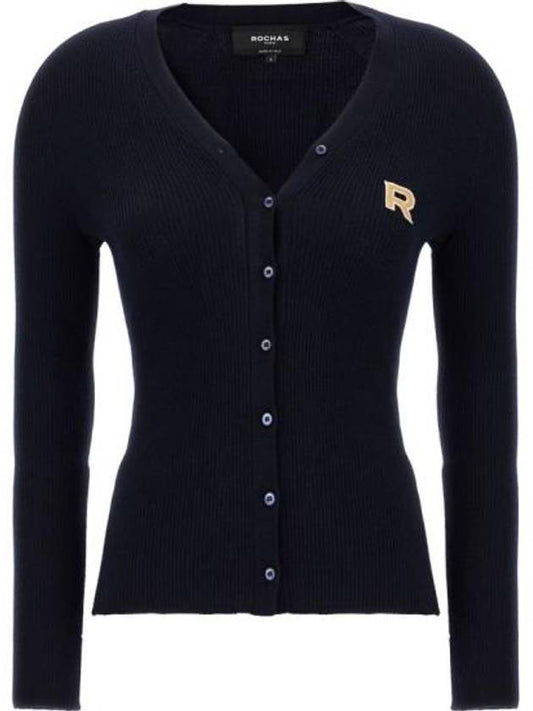 Embroidered logo V neck virgin wool cardigan blue - ROCHAS - BALAAN 1