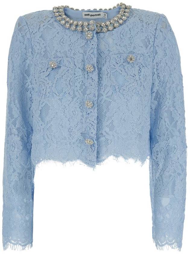 Light Blue Crewneck Rhinestoned Top With Lace Knit In Cotton Blend Woman - SELF PORTRAIT - BALAAN 1