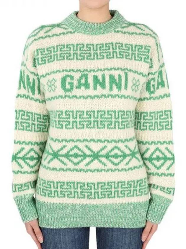 Jacquard Woven Logo Organic Wool Knit Top Green - GANNI - BALAAN 2