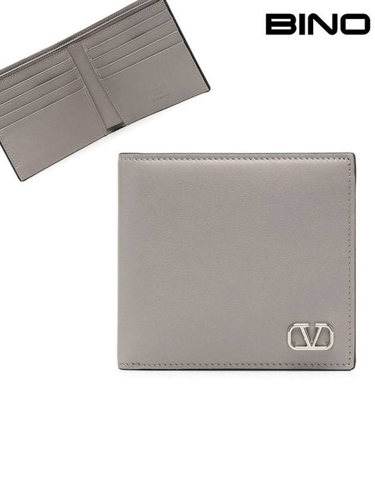 Men's V Logo Calf Leather Half Wallet Grey - VALENTINO - BALAAN 2