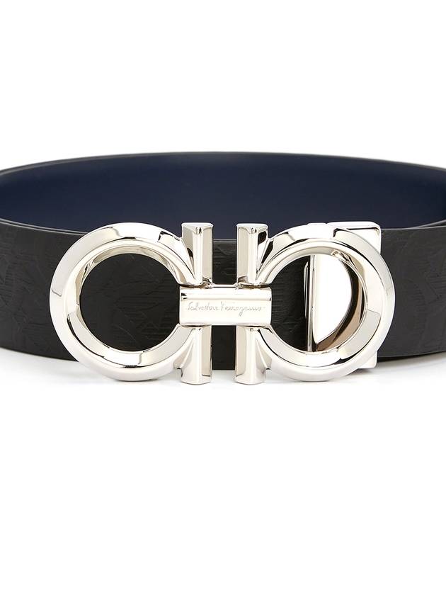 Reversible Gancini Leather Belt Navy Black - SALVATORE FERRAGAMO - BALAAN.