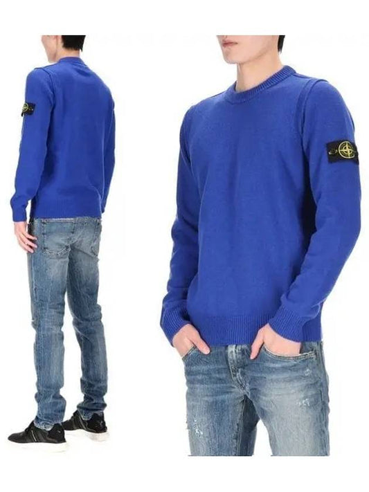 Logo Patch Crew Neck Wool Knit Top Blue - STONE ISLAND - BALAAN 2