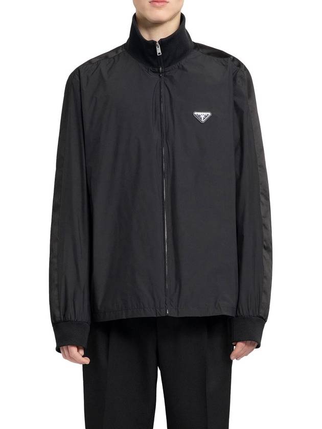 Logo Plaque Silk Blend Zip-Up Jacket Black - PRADA - BALAAN 3