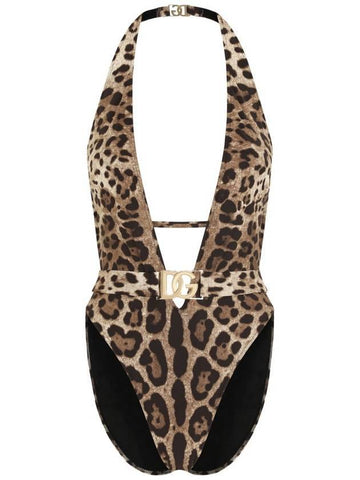 Women's Logo Leopard Print One-Piece Swimsuit - DOLCE&GABBANA - BALAAN 1