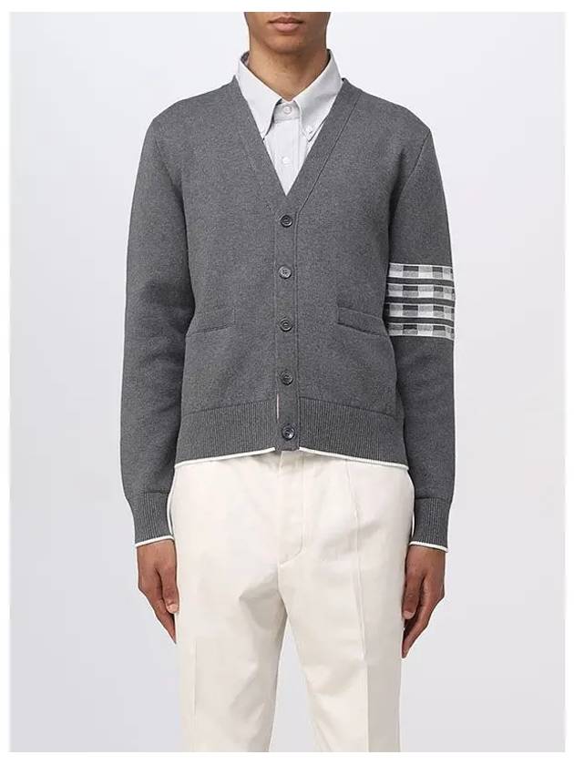 4-Bar V-Neck Hector Jacquard Cotton Cardigan Grey - THOM BROWNE - BALAAN 4