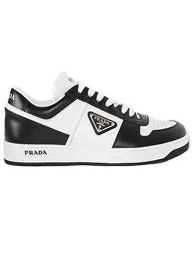 Men's Downtown Triangle Logo Leather Low Top Sneakers White Black - PRADA - BALAAN 1