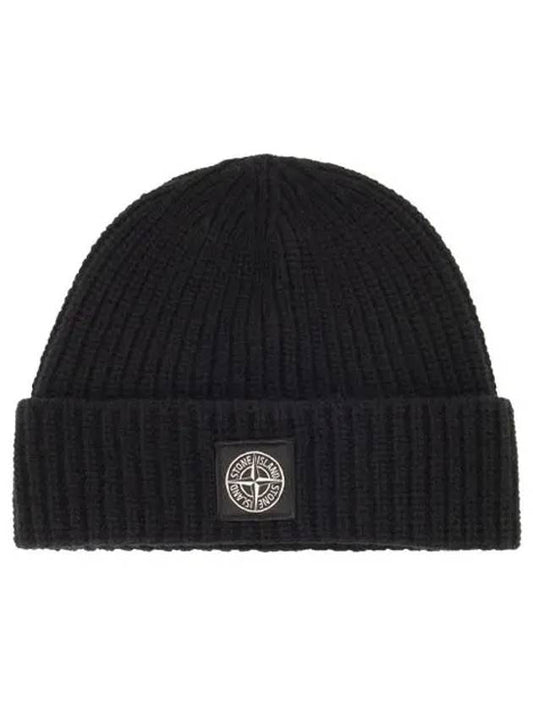 Logo Patch Rib Wool Beanie Black - STONE ISLAND - BALAAN 2