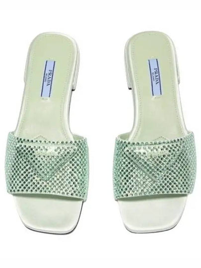 Logo Rhinestone Slippers Pastel Green - PRADA - BALAAN 2