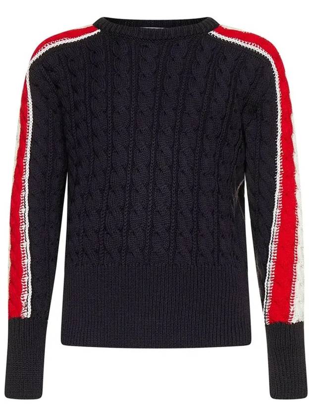 Men's Three Stripes Merino Wool Cable Knit Top Navy - THOM BROWNE - BALAAN 2