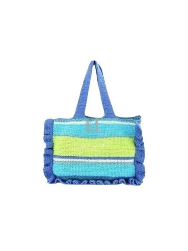 Women's Embroidered Logo Crochet Ruffle Tote Bag Blue - GANNI - BALAAN 2