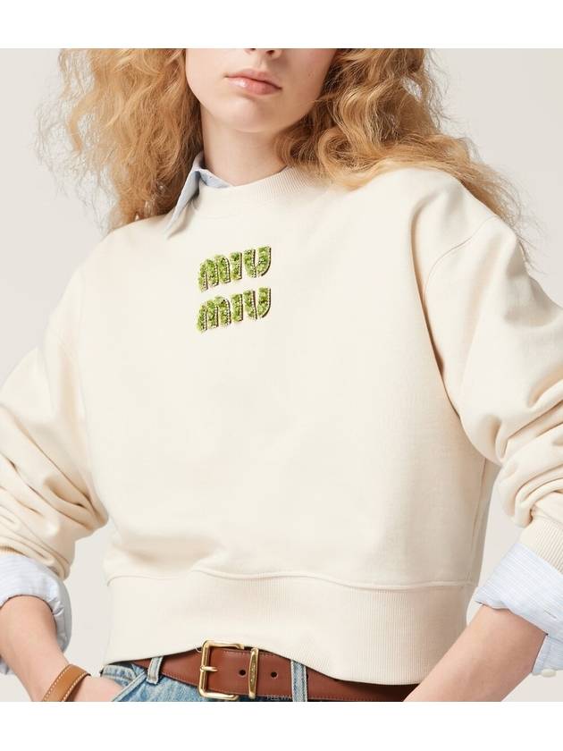 Embroidered Logo Cropped Sweatshirt Natural - MIU MIU - BALAAN 3