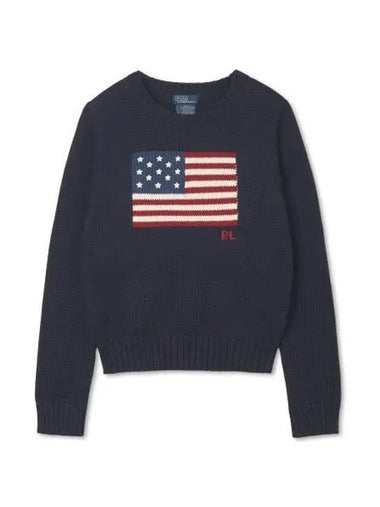 W Flag Cotton Crewneck Sweater Navy - POLO RALPH LAUREN - BALAAN 1