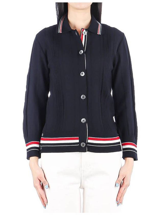 High Twist Cotton Stripe Polo Cardigan Navy - THOM BROWNE - BALAAN 2