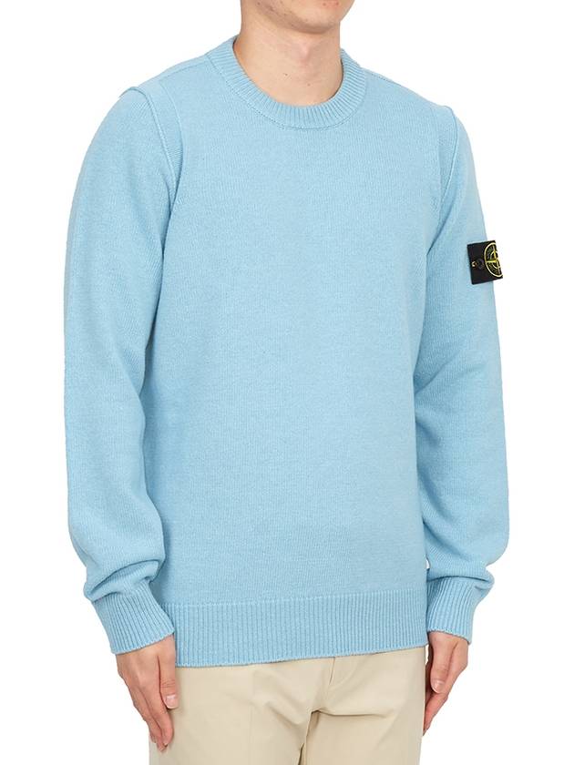 Logo Patch Crew Neck Wool Knit Top Blue - STONE ISLAND - BALAAN 4