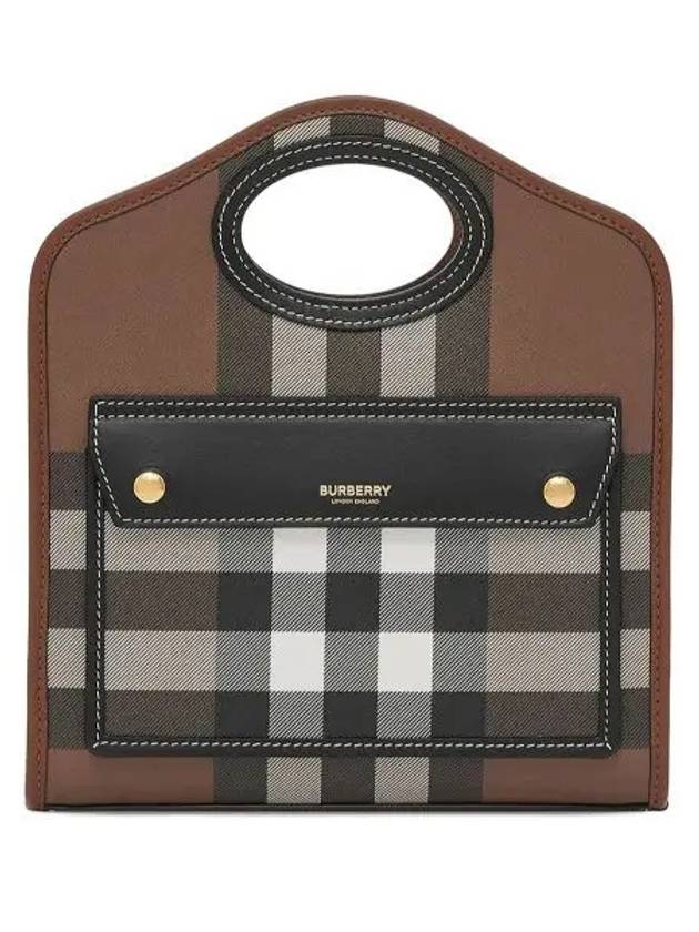 Mini Pocket Checked Leather Tote Bag Dark Burch Brown - BURBERRY - BALAAN 2