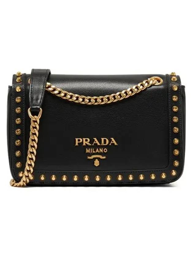 Grace Calf Stud Chain Shoulder Bag Black - PRADA - BALAAN 2