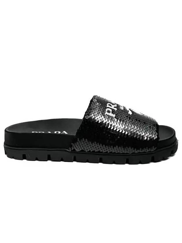 Logo Sequin Rubber Sole Slippers Black - PRADA - BALAAN 3