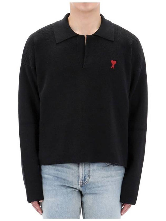 Small Heart Long Sleeve Polo Shirt Black - AMI - BALAAN 2