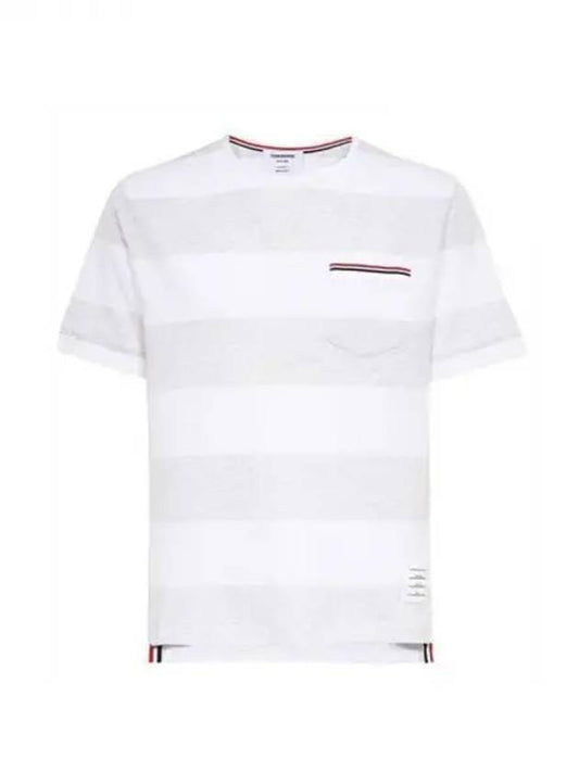 Men's Rugby Striped Pick Pocket Short Sleeve T-Shirt Pale Grey White - THOM BROWNE - BALAAN 2