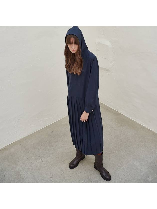 Women's Hooded Pleated Long Dress Navy - MITTE - BALAAN 5