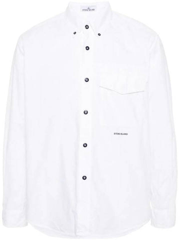 Logo Print Cotton Long Sleeve Shirt White - STONE ISLAND - BALAAN 1