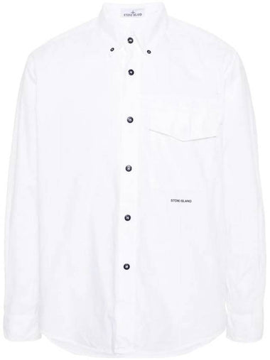 Logo Print Cotton Long Sleeve Shirt White - STONE ISLAND - BALAAN 1