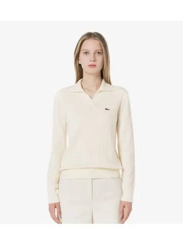 Women s Cable Open Collar Sweater Cream - LACOSTE - BALAAN 1