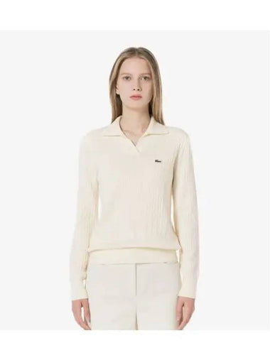 Women s Cable Open Collar Sweater Cream - LACOSTE - BALAAN 1