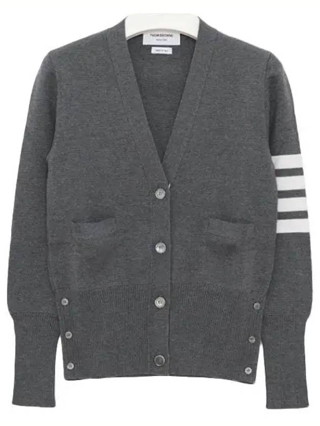 Milano Stitch 4 Bar Classic V Neck Fine Merino Wool Cardigan Medium Grey - THOM BROWNE - BALAAN 2