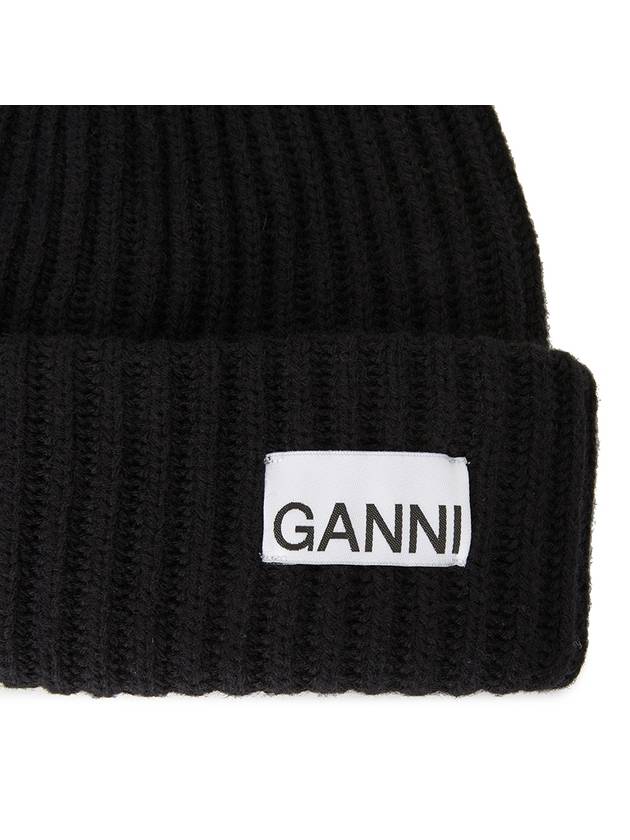 Logo Patch Knit Beanie Black - GANNI - BALAAN 5