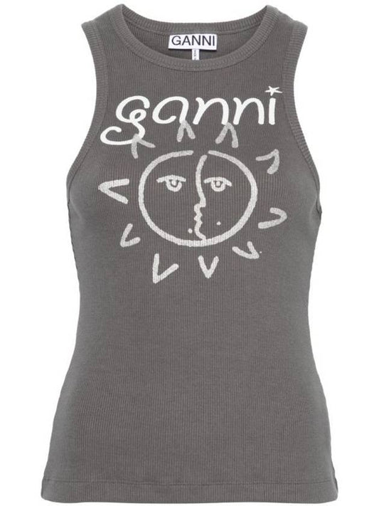Sun Graphic Print Ribbed Sleeveless Grey - GANNI - BALAAN 1