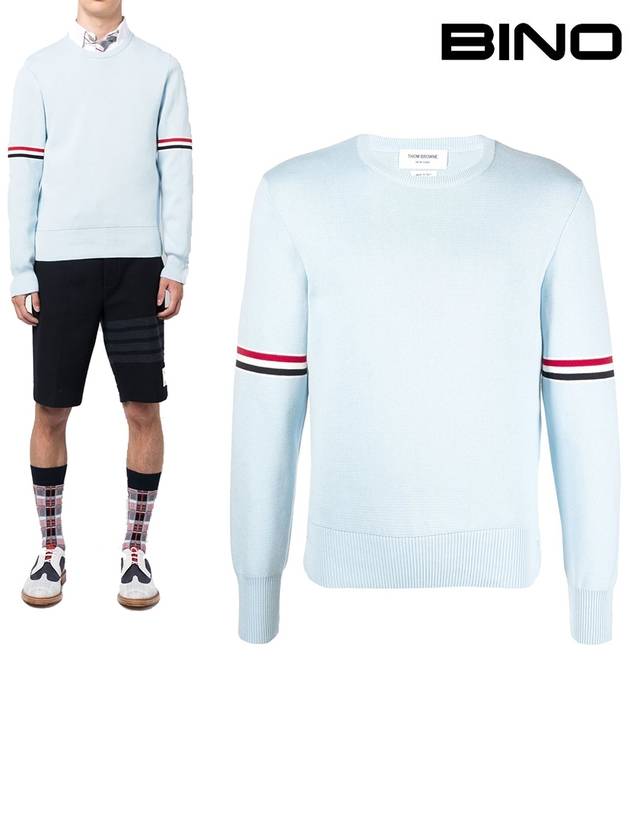 Cotton Milano Stitch Stripe Armband Crewneck Knit Top Light Blue - THOM BROWNE - BALAAN 2