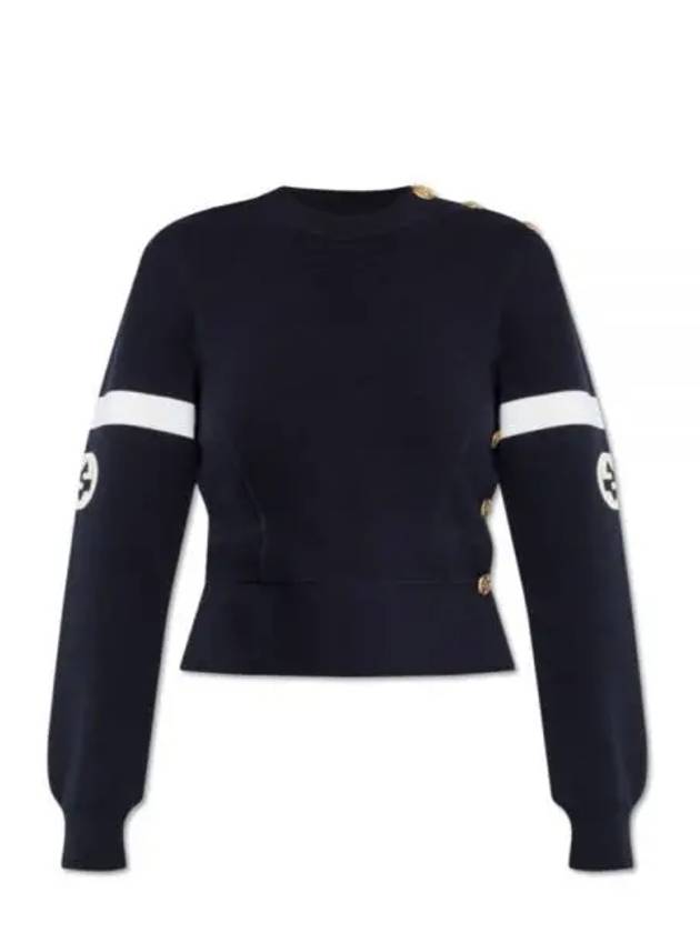 Logo Wool Long Sleeve T-Shirt Navy - GUCCI - BALAAN 2