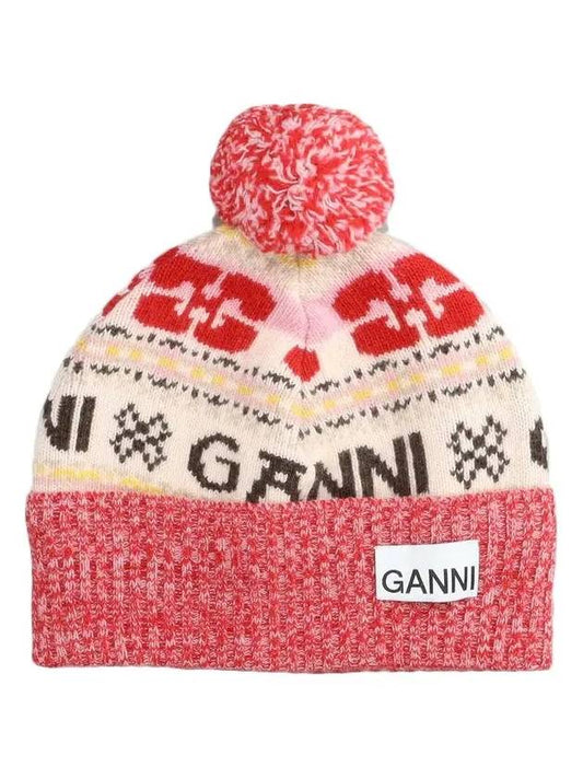 Logo Graphic Intarsia Knit Beanie Red - GANNI - BALAAN 2