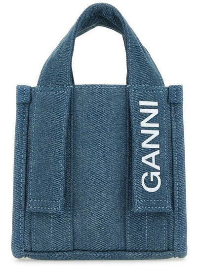 Tech Mini Logo Print Denim Tote Bag Navy - GANNI - BALAAN 2