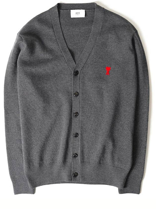 Small Heart Logo Wool Merino Cardigan Heather Grey - AMI - BALAAN 2