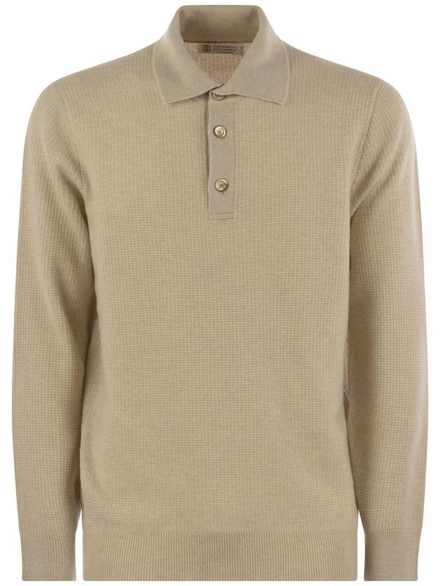 Waffle stitch cashmere knit polo shirt with long sleeve - BRUNELLO CUCINELLI - BALAAN 1