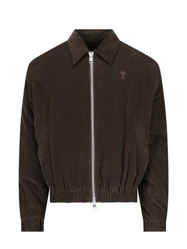 Heart Logo Corduroy Cotton Zip Up Jacket Dark Coffee - AMI - BALAAN 3