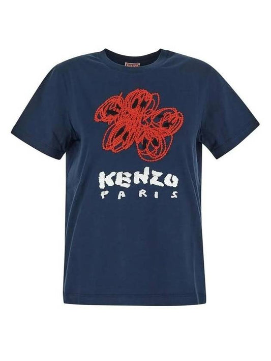 Graphic Print Crew Neck Cotton Short Sleeve T-Shirt Blue - KENZO - BALAAN 1