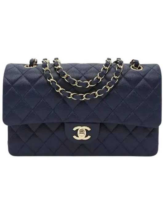 Classic Grained Calfskin Medium Shoulder Bag Navy - CHANEL - BALAAN 1