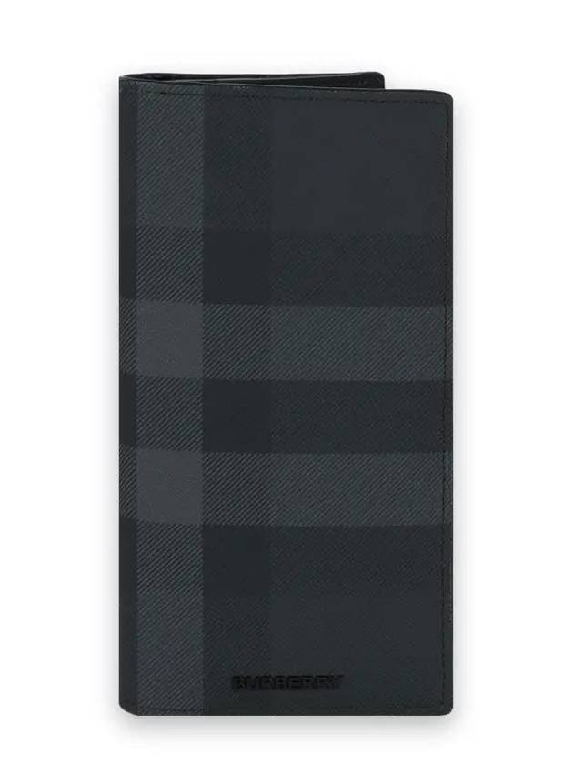 Logo Checked Leather Long Wallet Charcoal - BURBERRY - BALAAN 3