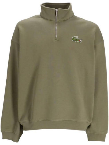 Loose Fit Zip Neck Badge Accent Sweatshirt Khaki - LACOSTE - BALAAN 1