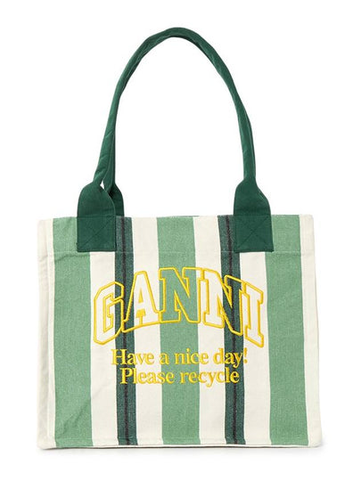 Large Striped Canvas Tote Bag Green - GANNI - BALAAN 2