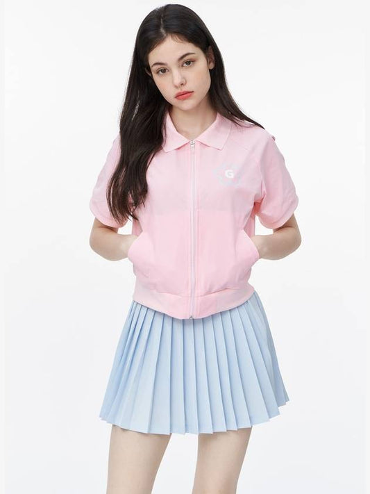 Hello Buddy Collar Woven Short Sleeve Zip Up Pink - GOXO - BALAAN 1