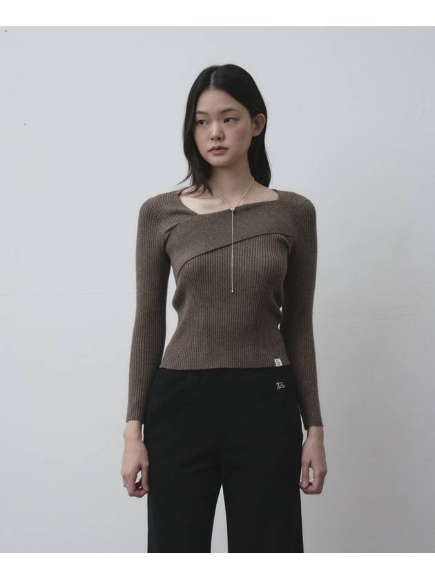 Diagonal Neckline Slim Rib Knit Top Charcoal Grey - THE GREEN LAB - BALAAN 8