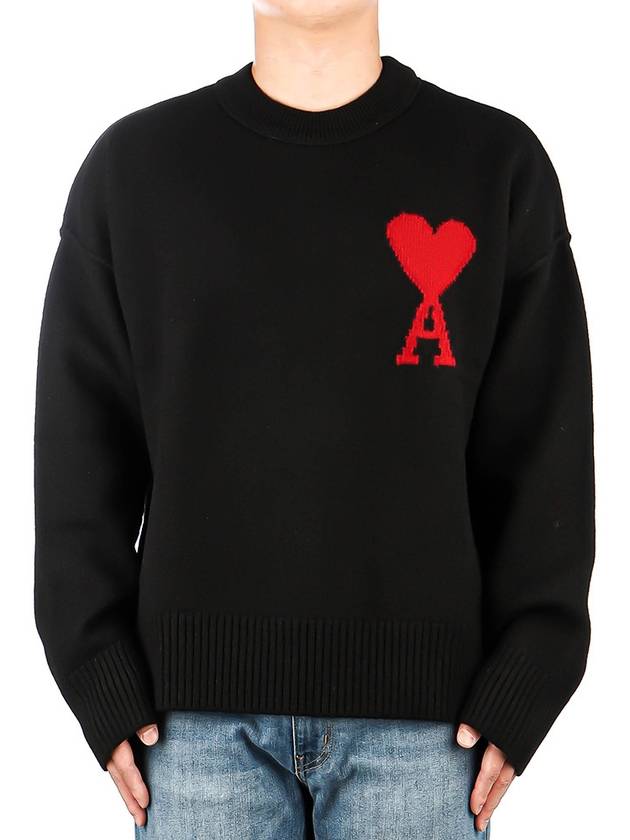 Intarsia Big Heart Logo Wool Knit Top Black - AMI - BALAAN 2