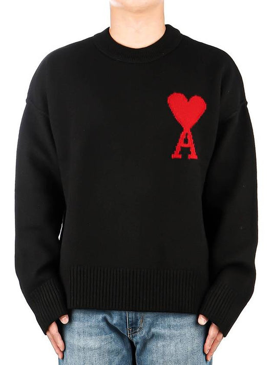 Intarsia Big Heart Logo Wool Knit Top Black - AMI - BALAAN 2