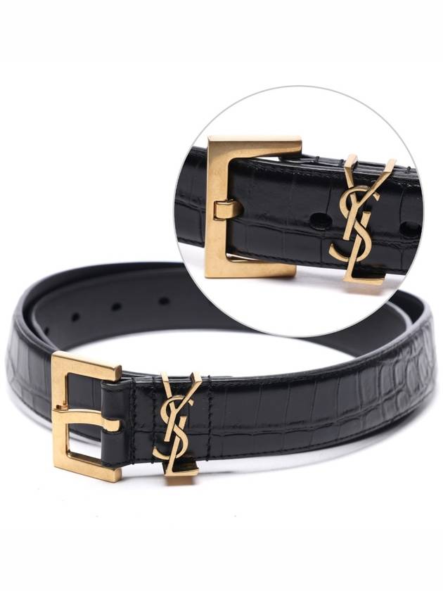 Cassandra Square Crocodile Leather Buckle Belt Black - SAINT LAURENT - BALAAN 3