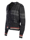 Donegal Tartan Stripe V-Neck Cardigan Grey - THOM BROWNE - BALAAN 3