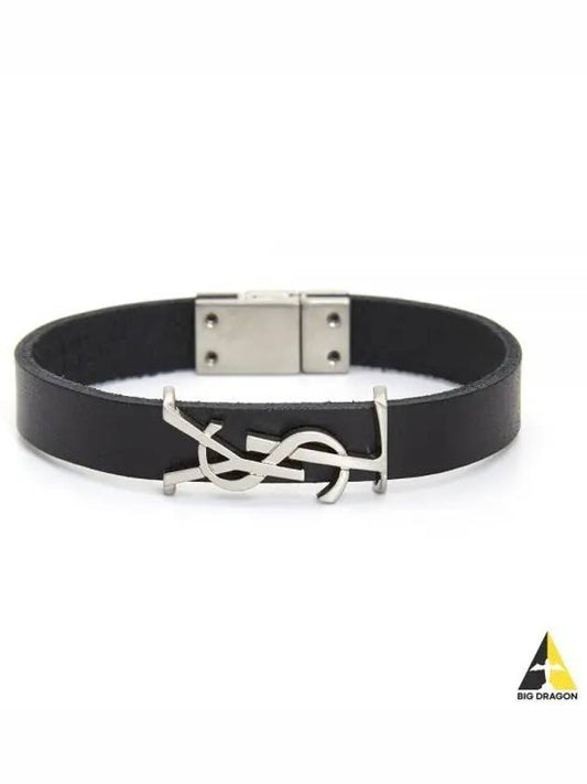 Opyum Silver Logo Leather Bracelet Black - SAINT LAURENT - BALAAN 2